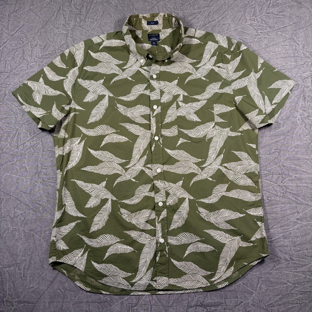 J.Crew Shirt Mens XL Green Flex Washed Slim Short Sleeve Tropical Leaf Print